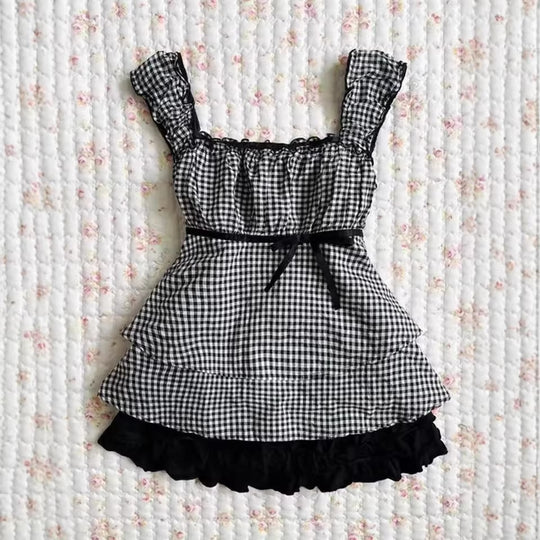 Damen Rüschenshirt mit Gingham-Muster und elastischen Trägern EB