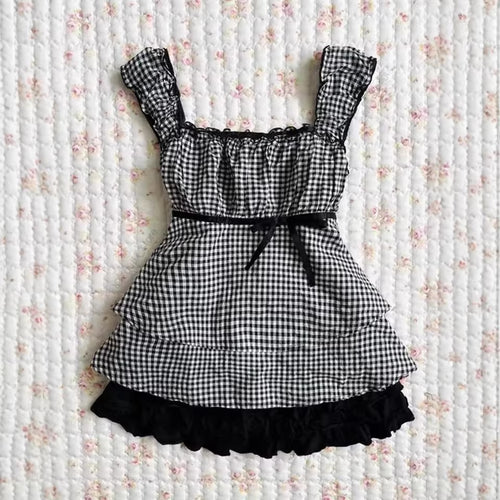 Damen Rüschenshirt mit Gingham-Muster und elastischen Trägern EB