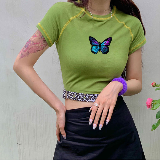 Damen stylisches Bio-Crop-Top mit Schmetterlingsdruck EB