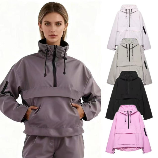 Damen nan winddichter Oversize Anorak mit Halbzip, Kängurutasche und verstellbarer Kapuze EB