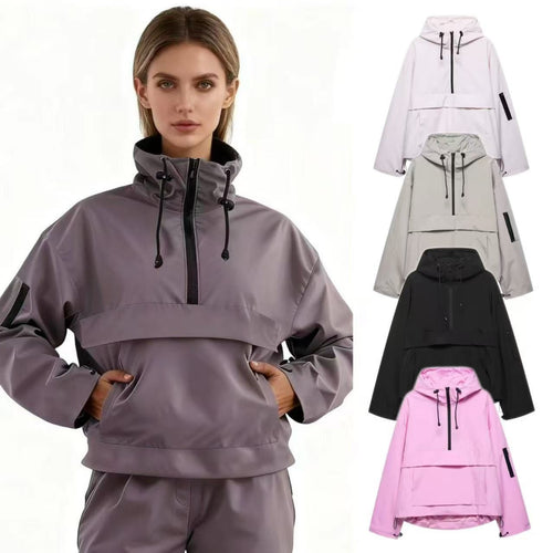 Damen nan winddichter Oversize Anorak mit Halbzip, Kängurutasche und verstellbarer Kapuze EB