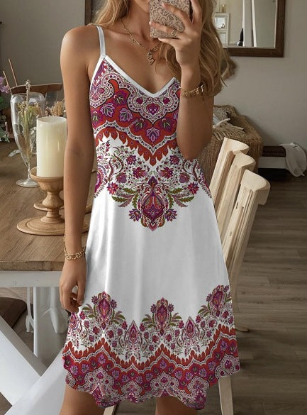 Damen Spaghetti-Träger Kleid mit stilvollem Paisleymuster und A-Linien Schnitt EB