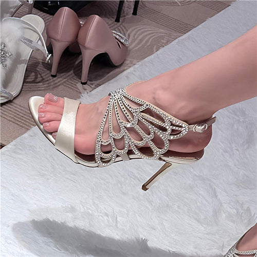 Damen Elegante High Heel Sandalen mit filigranem Design und Strassverzierungen EB