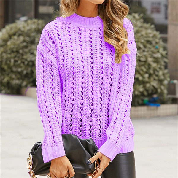 Damen luftiger Strickpullover mit Lochmuster und modernem Stehkragen EB