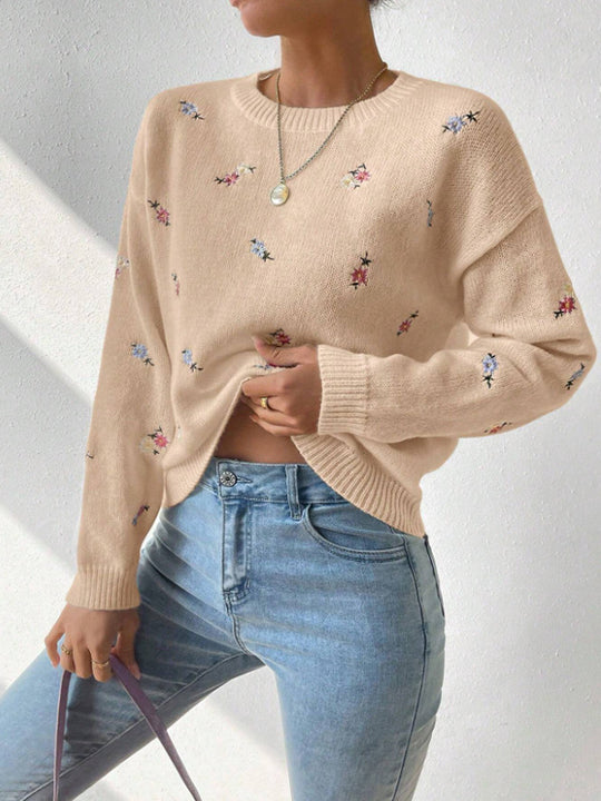Damen kuscheliger Strickpullover mit floralem Motiv EB