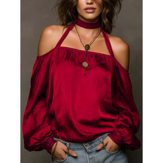 Damen Off-Shoulder Bluse mit voluminösen Ärmeln und Choker EB