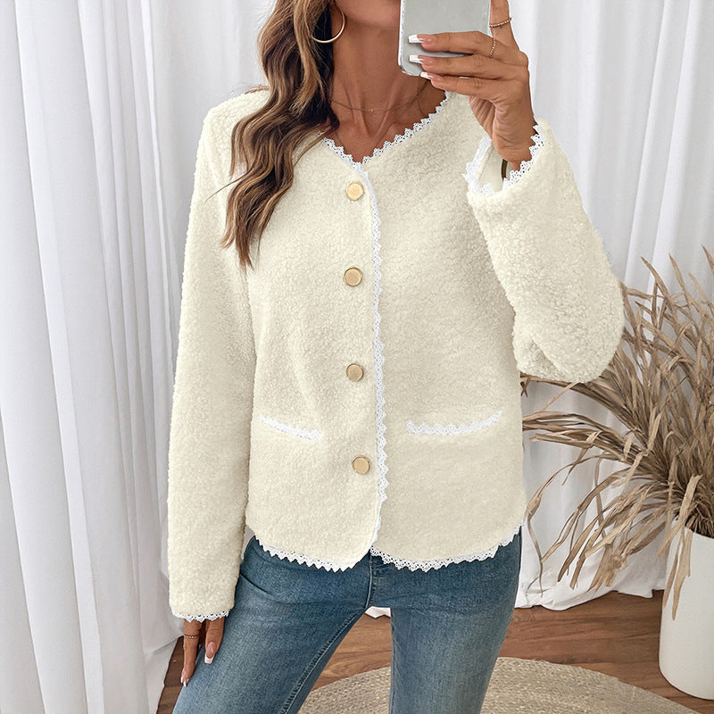Damen weiche Teddyjacke mit Spitzenverzierung EB