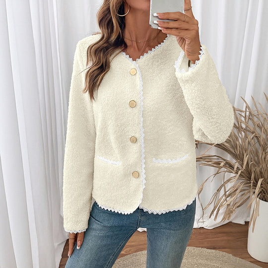 Damen weiche Teddyjacke mit Spitzenverzierung EB