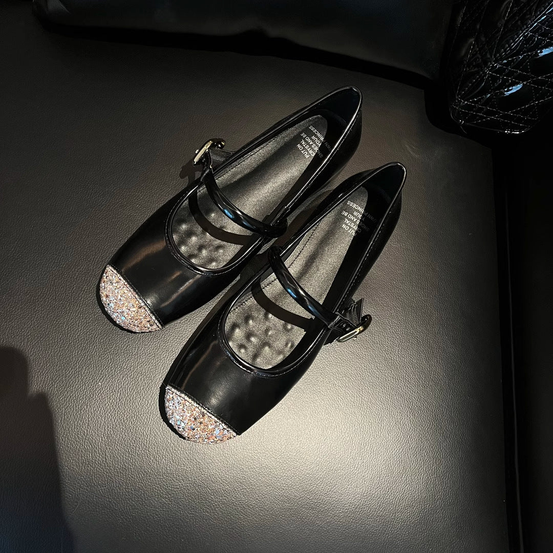 Damen elegante Ballerinas mit funkelnden Akzenten und komfortablem Blockabsatz EB