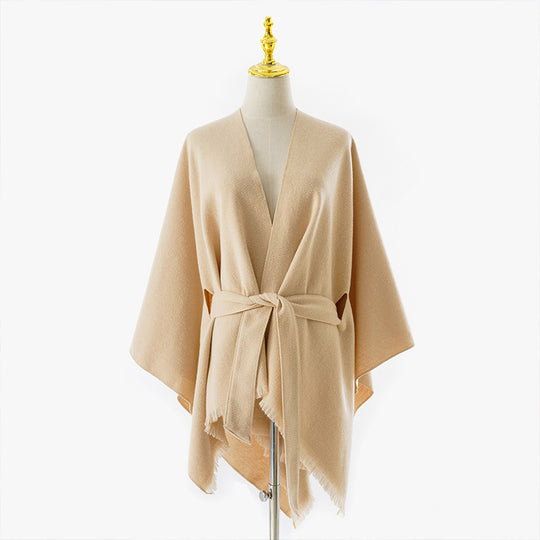 Damen Wickelponcho mit Bindegürtel, V-Ausschnitt und Fransensaum EB