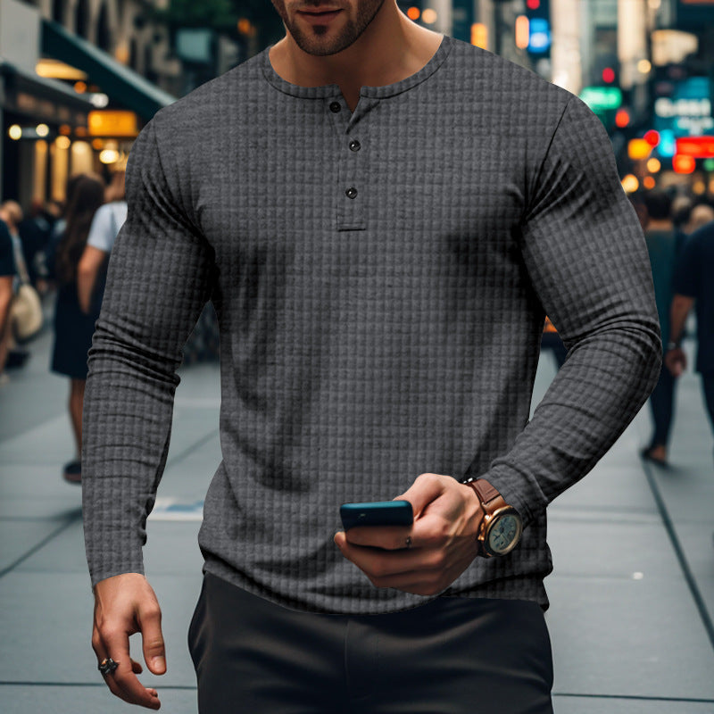 Herren nan figurbetontes Langarmshirt mit Rundhals-Knopfleiste und Waffelstruktur EB