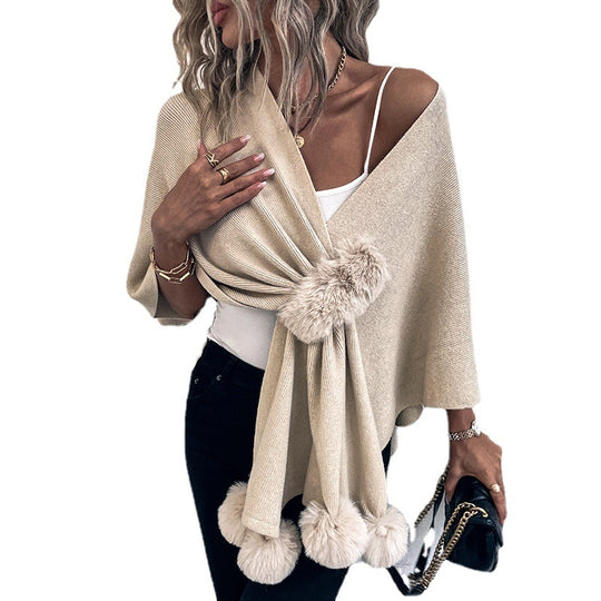 Damen eleganter Poncho mit luxuriösem Kunstfellbesatz EB