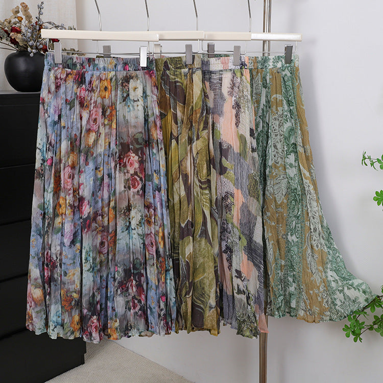 Damen  fein gefalteter Midirock mit Vintage Blumenprint und elastischem Taillenbund EB