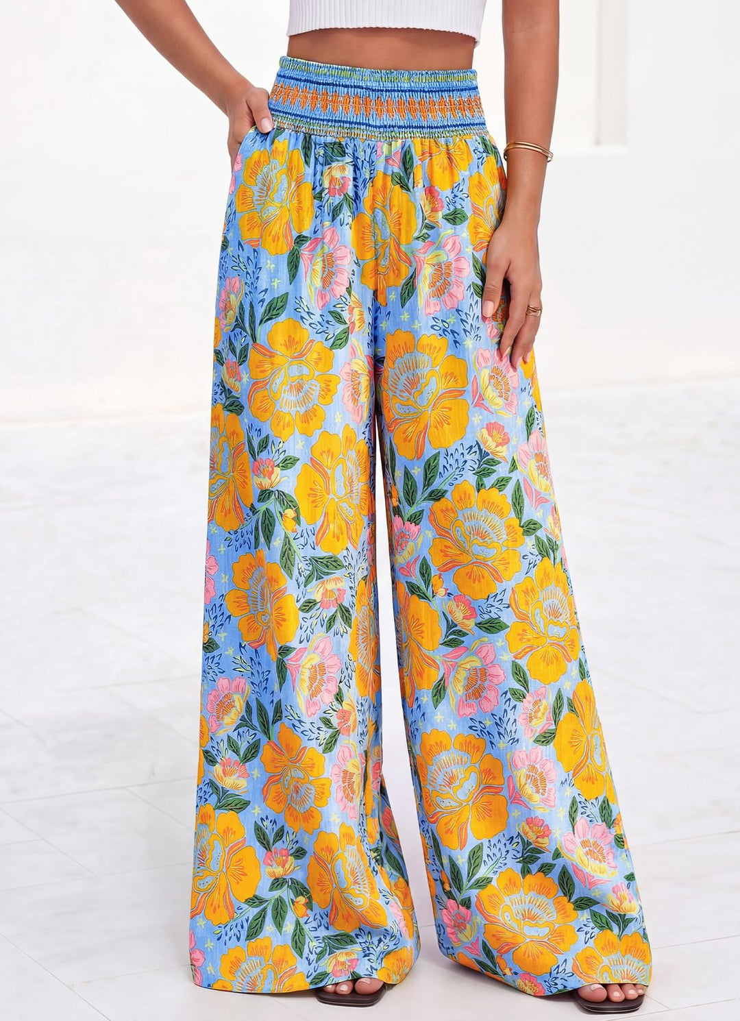 Damen luftige Palazzo-Hose mit floralen Mustern und elastischem Bund EB