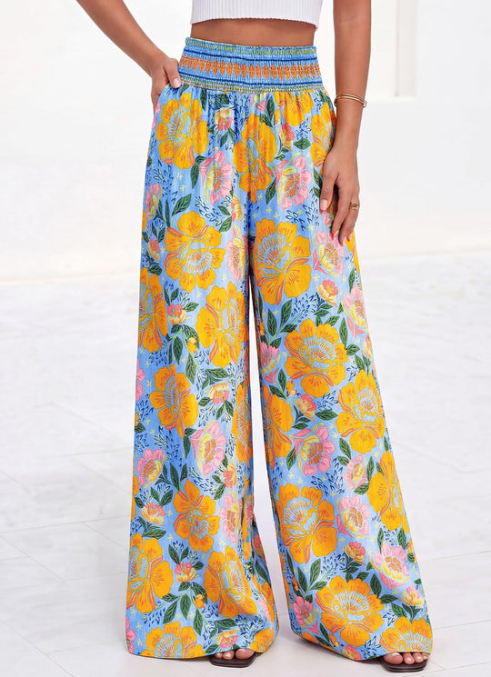 Damen luftige Palazzo-Hose mit floralen Mustern und elastischem Bund EB