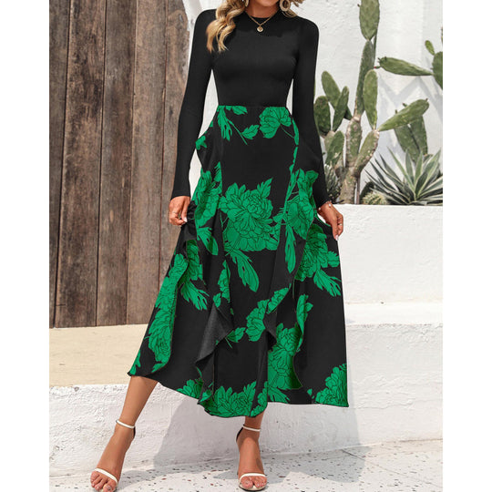 Damen Elegantes Maxikleid mit floralem Volant und langem Arm EB