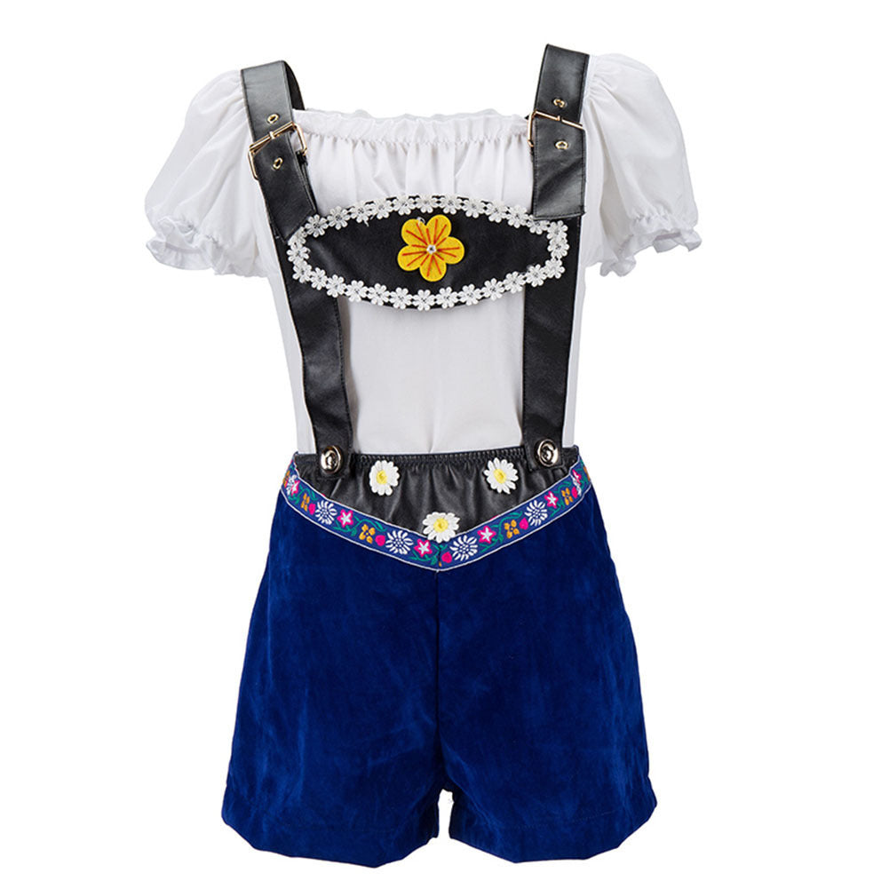 Damen nan verspieltes Latzshorts-Set mit Carmenbluse, verstellbaren Trägern und Blumenapplikation EB
