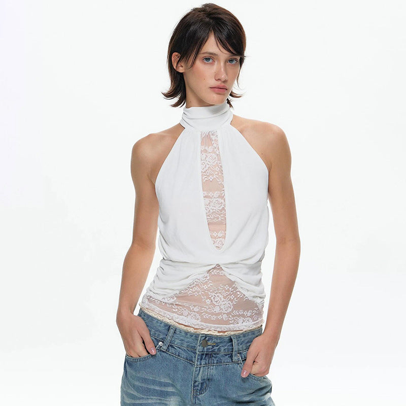 Damen elegantes Neckholder-Top mit transparenten Einsätzen und Raffung EB