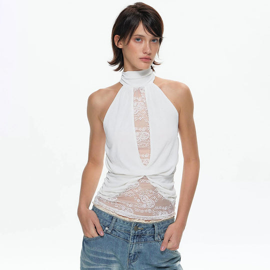 Damen elegantes Neckholder-Top mit transparenten Einsätzen und Raffung EB
