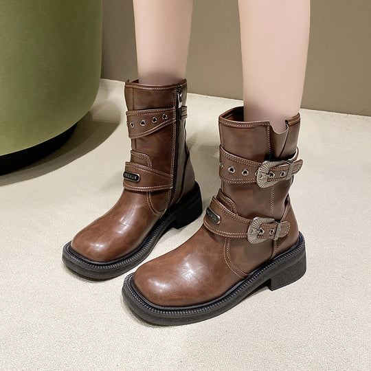 Damen modische Stiefel mit dekorativen Schnallen und robustem Profil EB