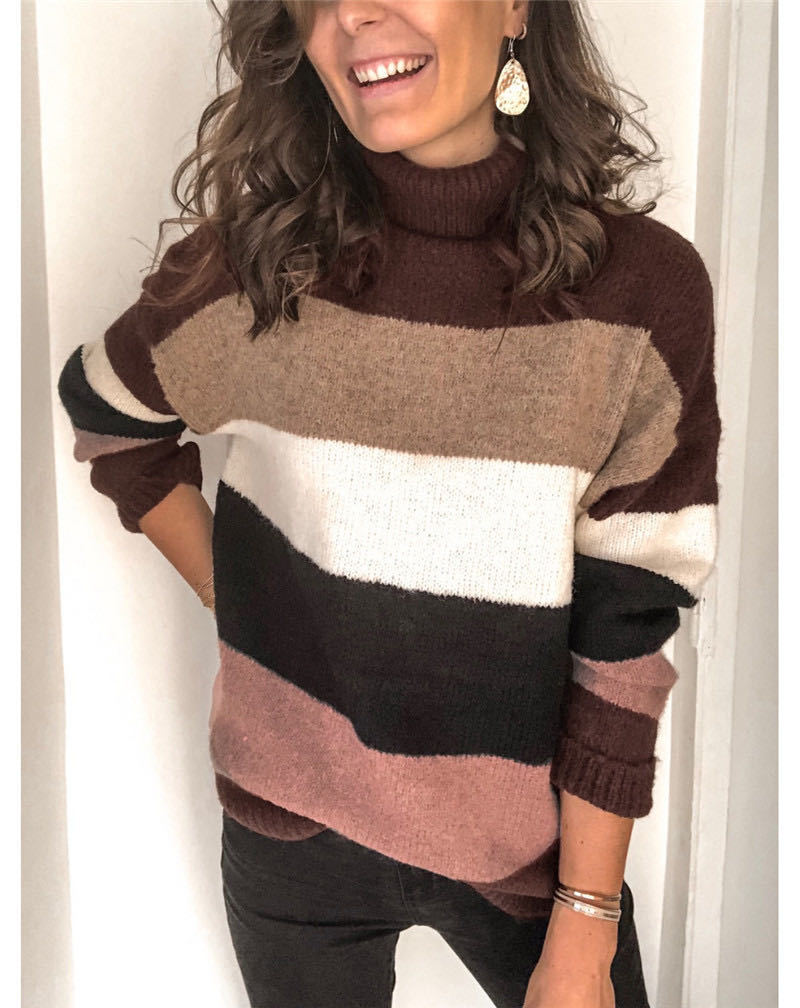Damen modischer Strickpullover mit lässigem Rollkragen und farbiger Blockgestaltung EB