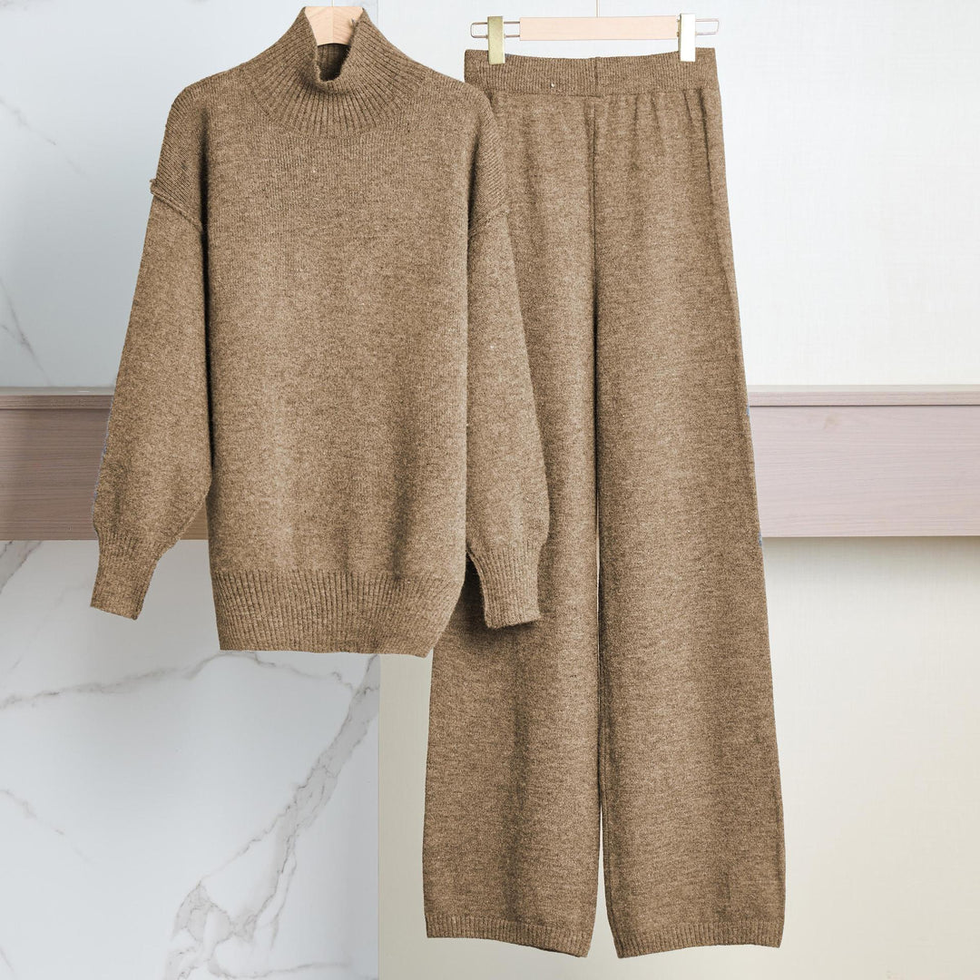 Damen Gemütliches Strickensemble mit hohem Kragen und weit geschnittenen Hosen EB