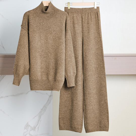 Damen Gemütliches Strickensemble mit hohem Kragen und weit geschnittenen Hosen EB