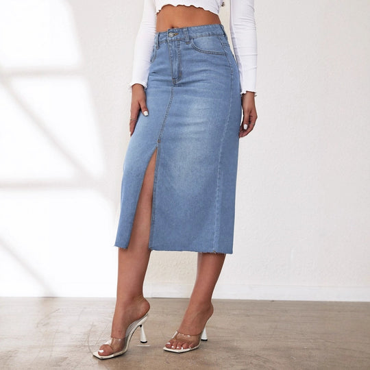 Damen Midi-Denimrock mit Schlitz und lässigem A-Linien-Schnitt EB