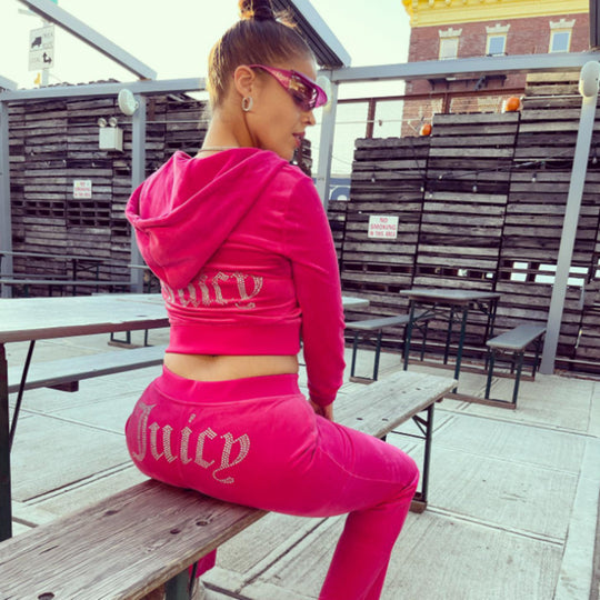 Damen nan luxuriöser Velours Trainingsanzug mit Reißverschlussjacke und Jogginghose EB