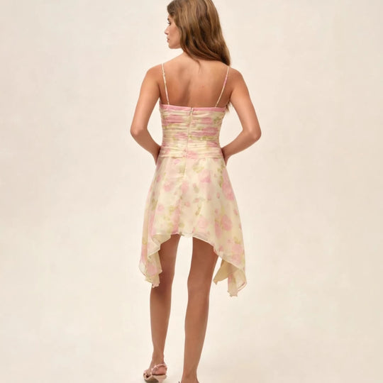 Damen Flower-Print Mini-Kleid mit asymmetrischem Saum und eleganter Raffung EB