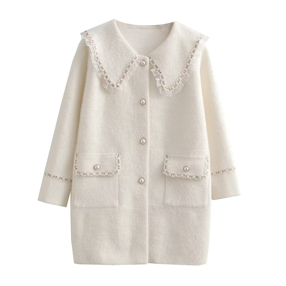 Damen Langarmjacke mit dekorativem Kragen und funktionalen Taschen EB