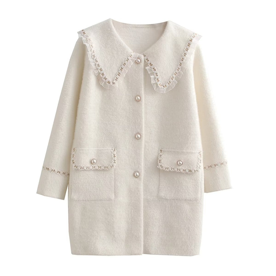 Damen Langarmjacke mit dekorativem Kragen und funktionalen Taschen EB