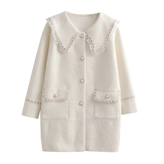 Damen Langarmjacke mit dekorativem Kragen und funktionalen Taschen EB