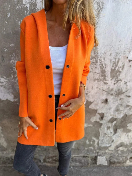 Damen nan Kapuzenmantel mittellanger Baumwollmix mit Druckknopfleiste und Eingrifftaschen EB