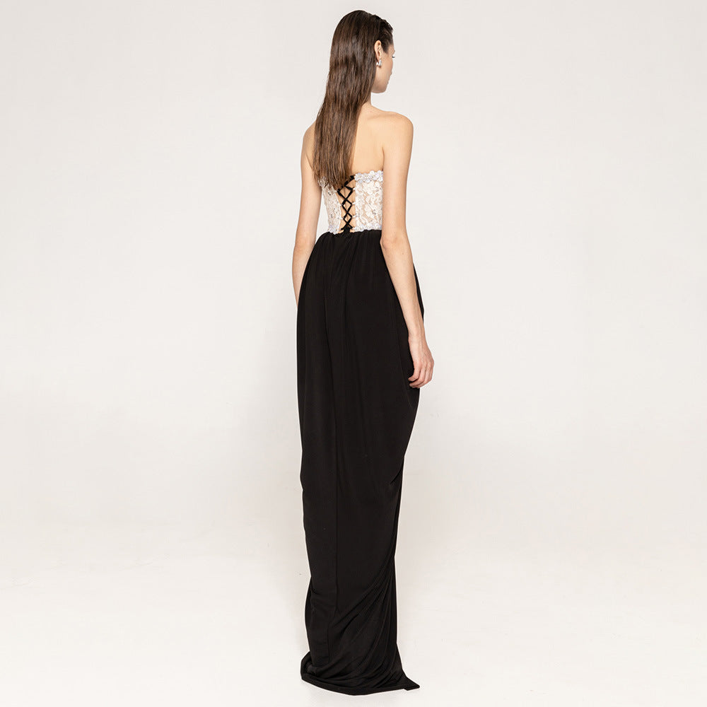 Damen elegantes Abendkleid mit schimmerndem Spitzenoberteil und Drapierungsdetails EB