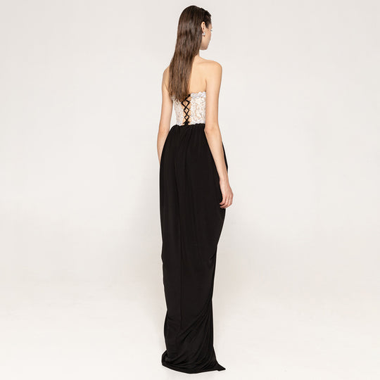 Damen elegantes Abendkleid mit schimmerndem Spitzenoberteil und Drapierungsdetails EB