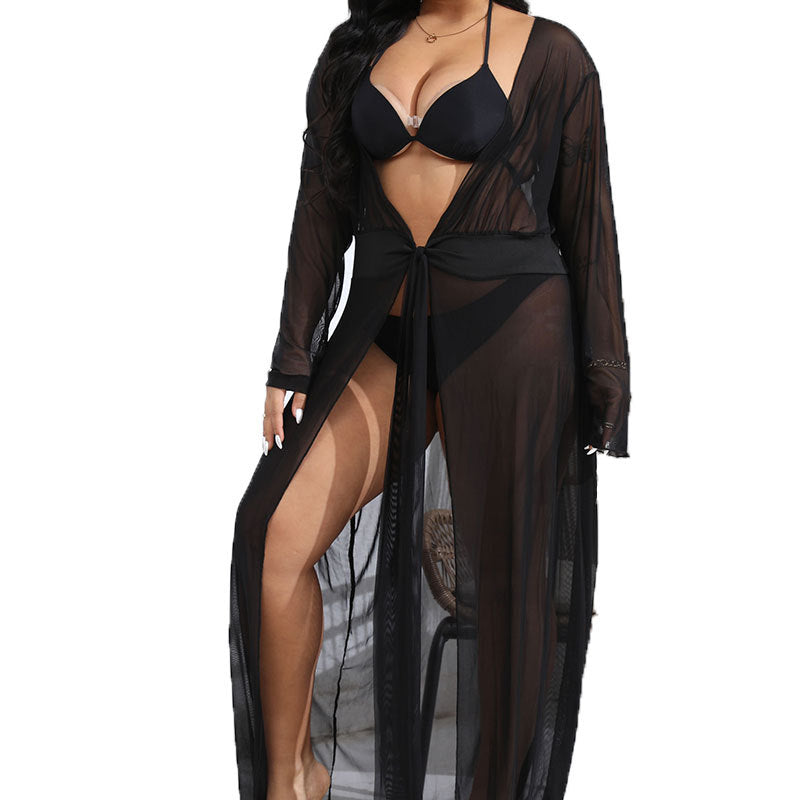 Damen transparenter Strandüberwurf mit verspieltem Taillengürtel EB