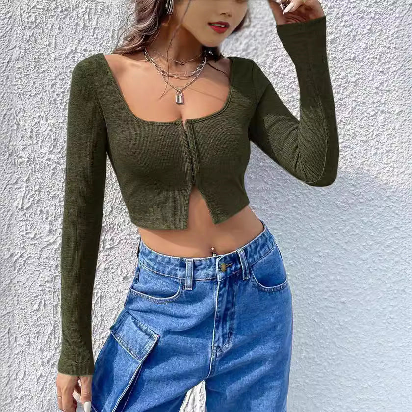 Damen Cropped Oberteil mit Reißverschluss und langem Arm EB