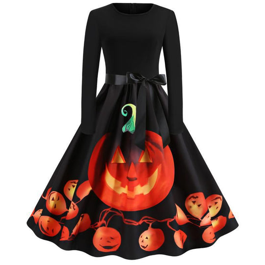 Damen Schwingendes Kleid mit Halloween-Kürbismotiv, Langarm und Taillenschleife EB