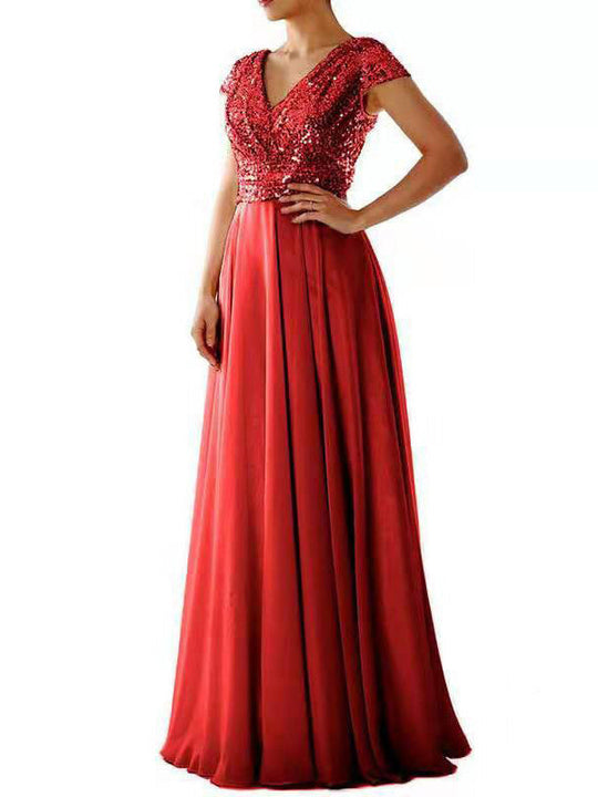 EB | Damen Kleider V-Ausschnitt Paillette Chiffon Paneel Maxi Kleid