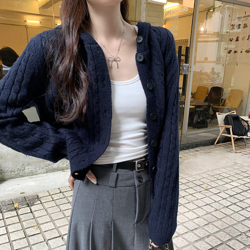 Damen Strickjacke mit Kapuze und Zopfmuster EB