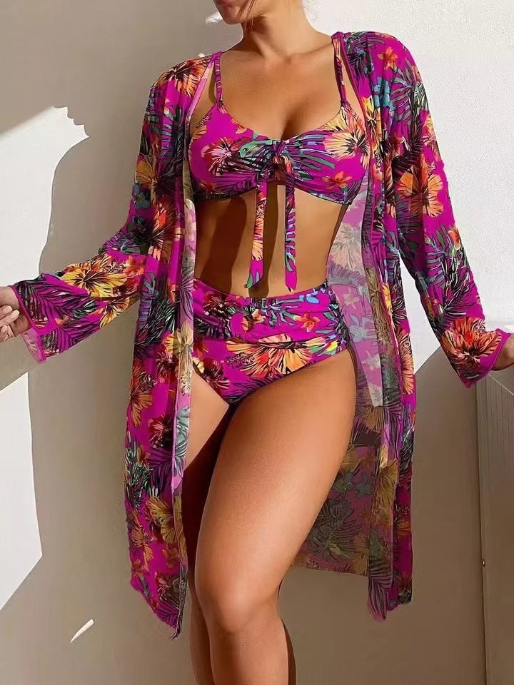 Damen Bikini-Set mit floralen Mustern und luftiger Kimono-Überjacke EB