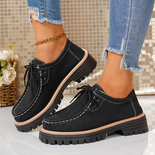 Damen elegante Derby-Schnürer aus Lederimitat mit Mokassinnaht und grober Profilsohle EB