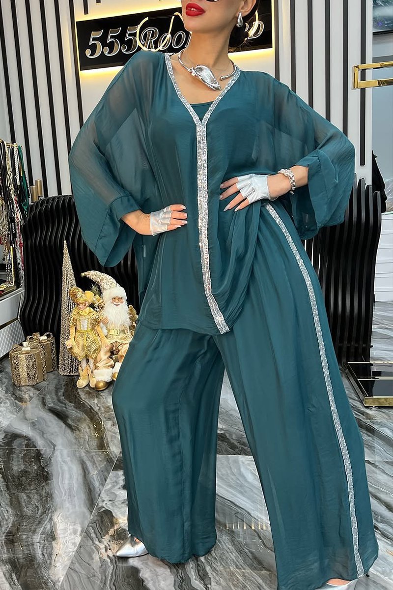 Damen elegante und luftige Bluse mit weitem Schnitt und passender Hose EB