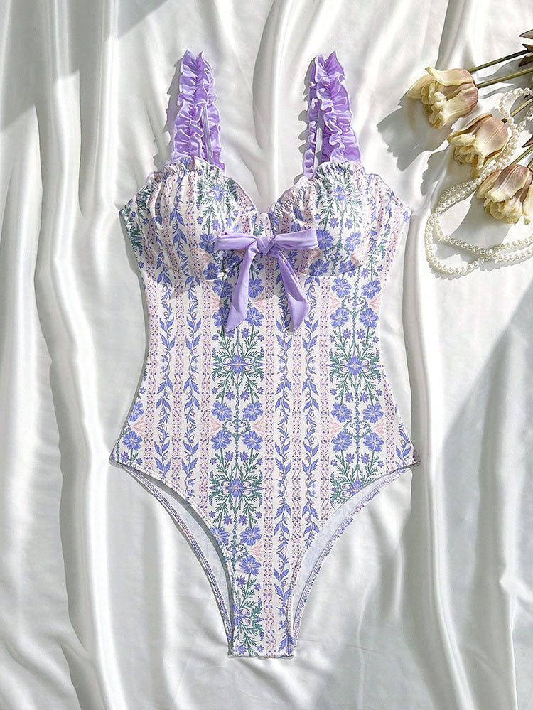 Damen Badeanzug mit floralen Mustern und verspieltem Rüschendesign EB