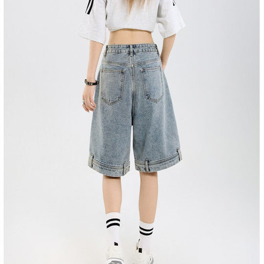 Damen klassische Denim-Shorts mit weitem Bein EB