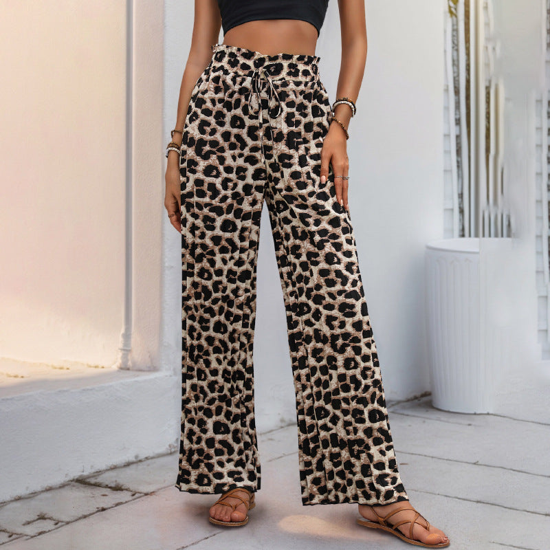 Damen Weite Leopardmuster-Hose mit elastischem Bund und Kordelzug EB
