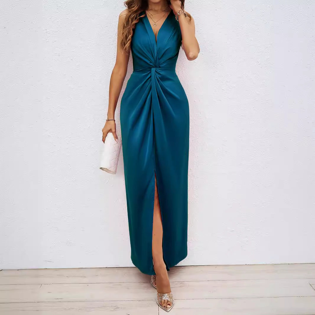 Damen Elegantes Maxikleid mit tiefem V-Ausschnitt und schwingendem Saum EB