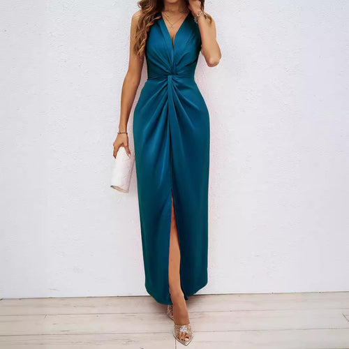 Damen Elegantes Maxikleid mit tiefem V-Ausschnitt und schwingendem Saum EB