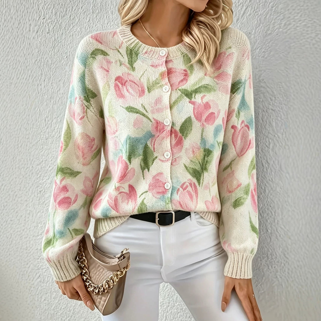 Damen Leichter Jacquard‑Strickcardigan mit Leo‑Print, Rundhalsausschnitt und Knopfleiste EB